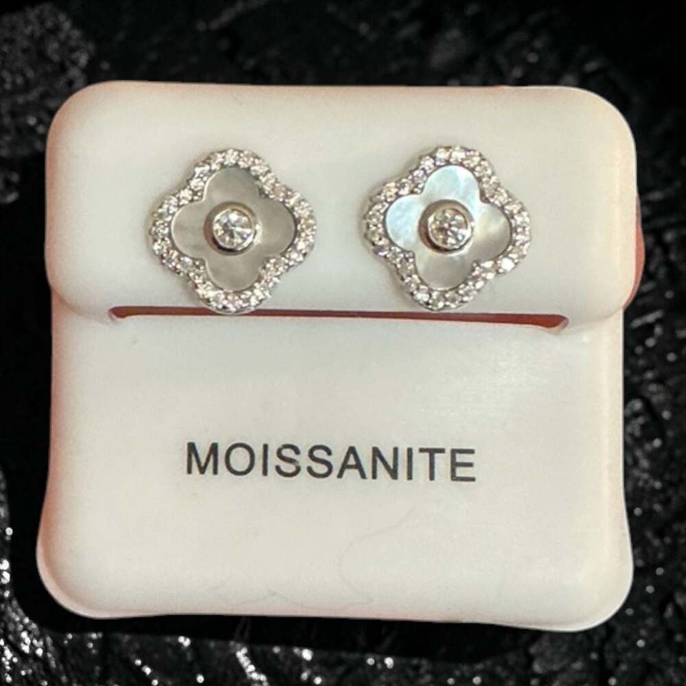 9mm Sterling Silver Moissanite Clover Stud Earrings with Mother of Pearl Inlay - Picture 2 of 4